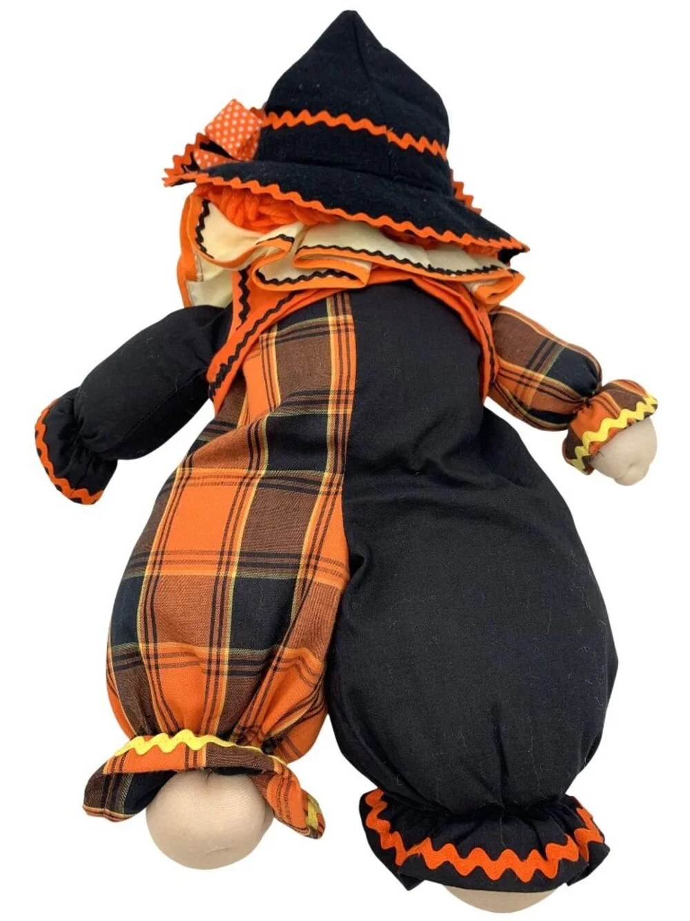 Vintage Halloween Witch Soft Doll With Orange Plaid & Black Outfit Yarn Hair 16